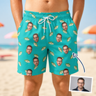 Man wearing Men's Casting Call Custom Face Beach Shorts — custom faces printed all-over
