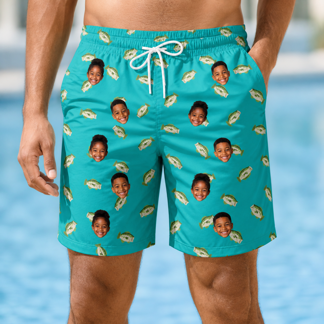 Model wearing Men's Casting Call Custom Face Beach Shorts printed with kids' faces