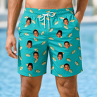 Model wearing Men's Casting Call Custom Face Beach Shorts printed with kids' faces