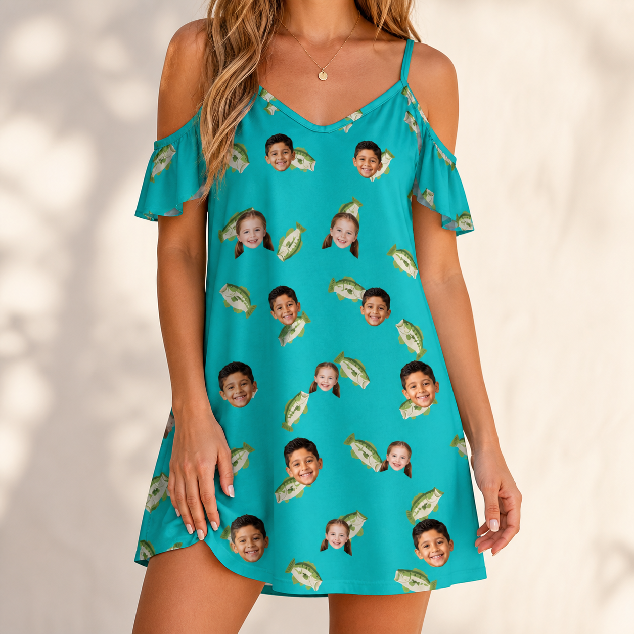 Model wearing Women's Casting Call Custom Face Off-Shoulder Dress printed with kids' faces