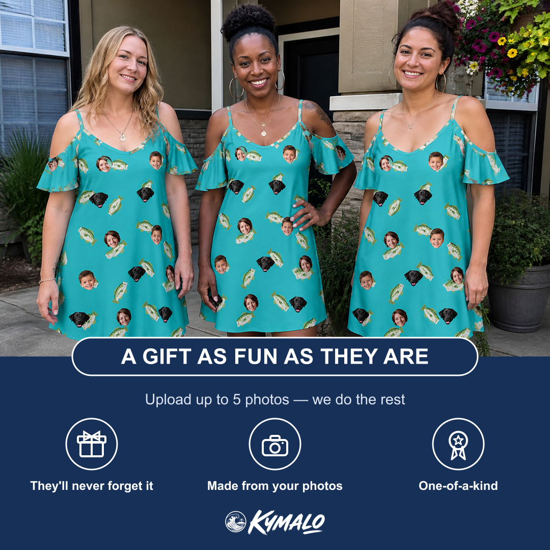 Friends in matching Women's Casting Call Custom Face Off-Shoulder Dress — a group gift photo