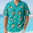 Model wearing Men's Casting Call Custom Face Hawaiian Shirt printed with kids' faces