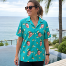 Real-life photo of someone wearing Women's Casting Call Custom Face Hawaiian Shirt — custom faces printed all-over