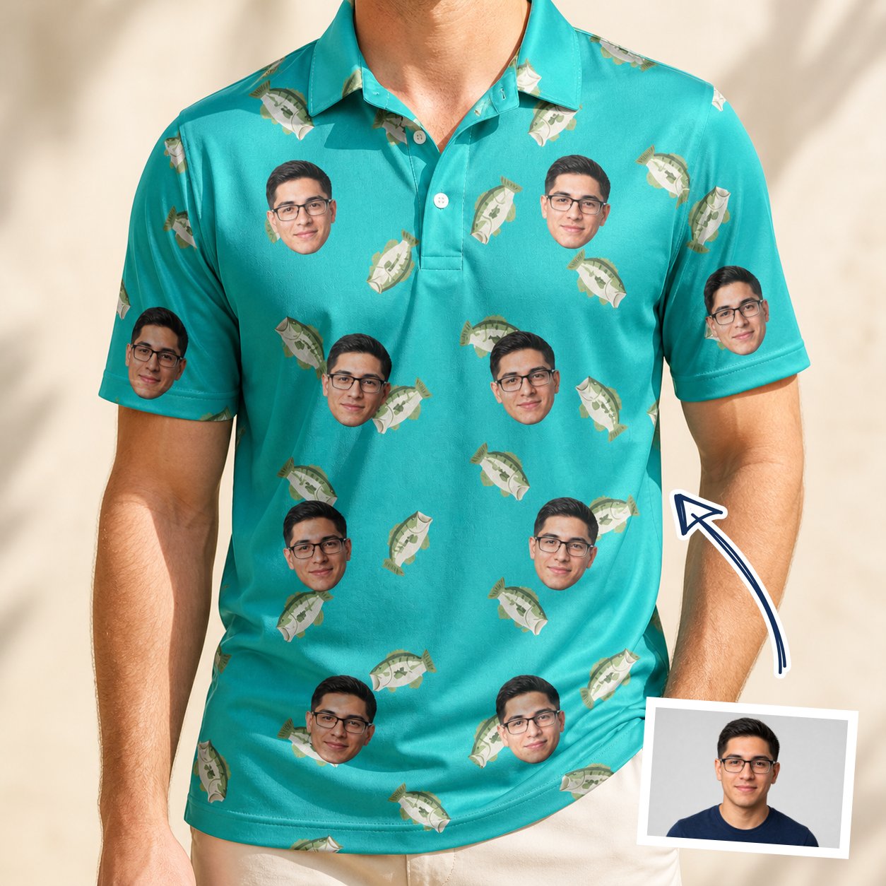 Man wearing Men's Casting Call Custom Face Polo Shirt — custom faces printed all-over