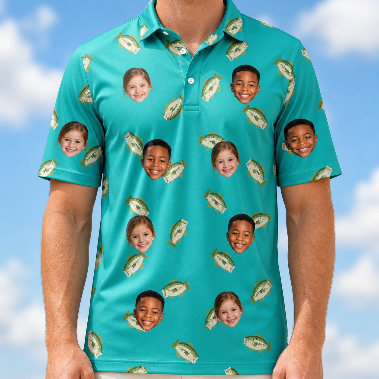 Model wearing Men's Casting Call Custom Face Polo Shirt printed with kids' faces