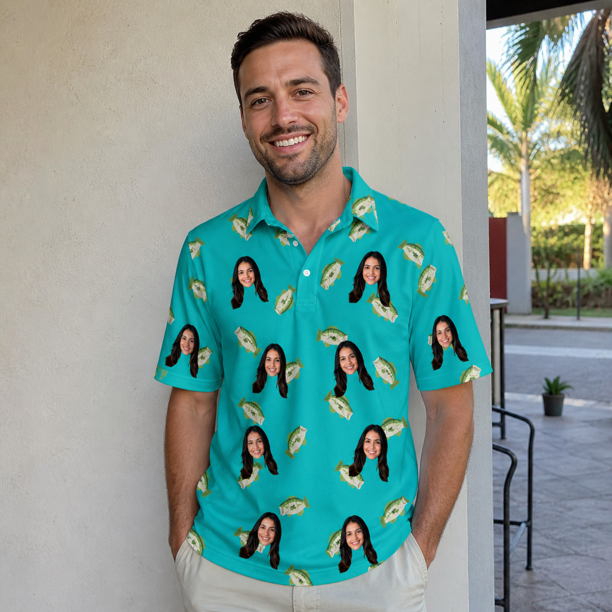Real-life photo of someone wearing Men's Casting Call Custom Face Polo Shirt — custom faces printed all-over