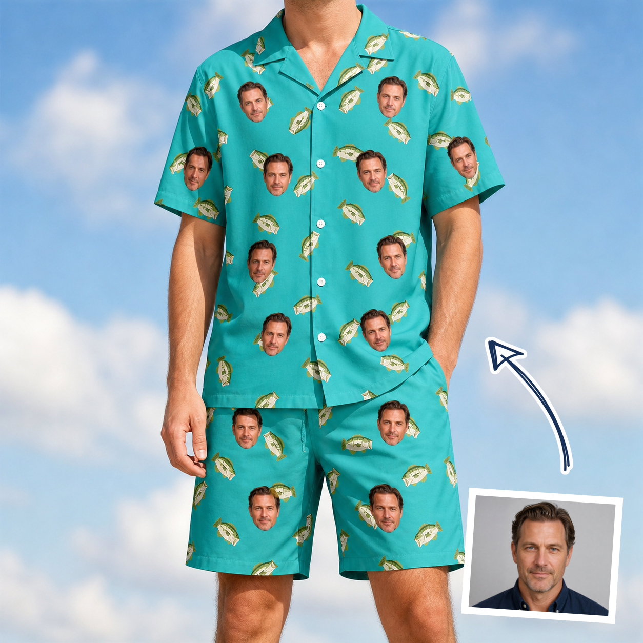 Man wearing Men's Casting Call Custom Face Shirt & Shorts Set — custom faces printed all-over