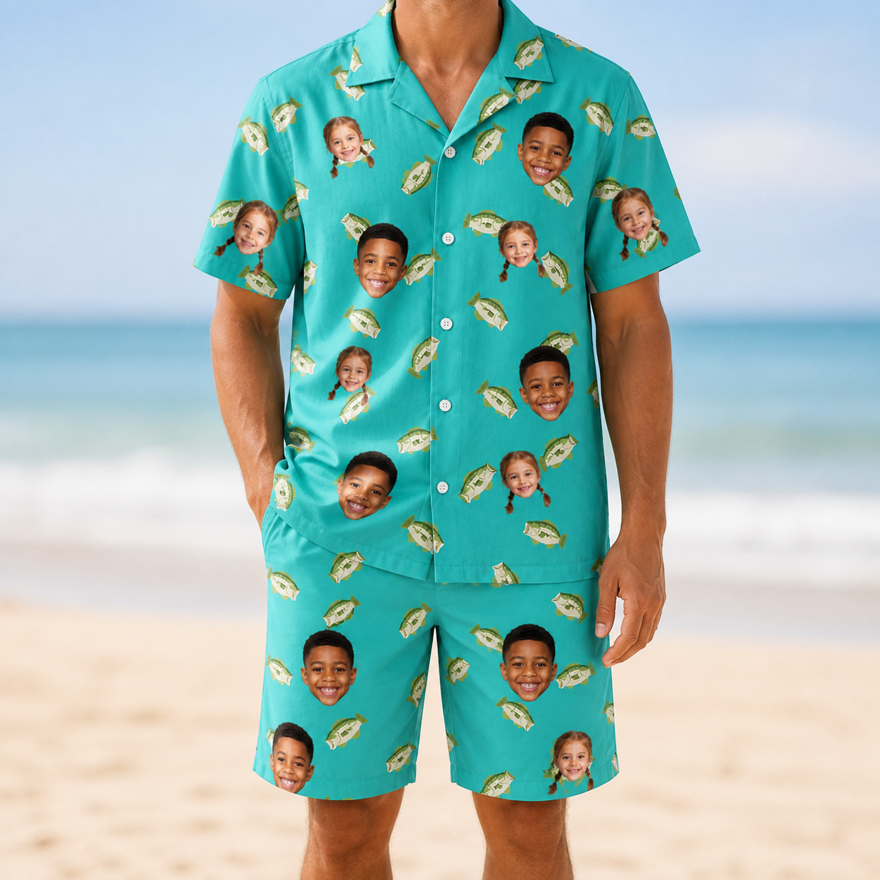 Model wearing Men's Casting Call Custom Face Shirt & Shorts Set printed with kids' faces