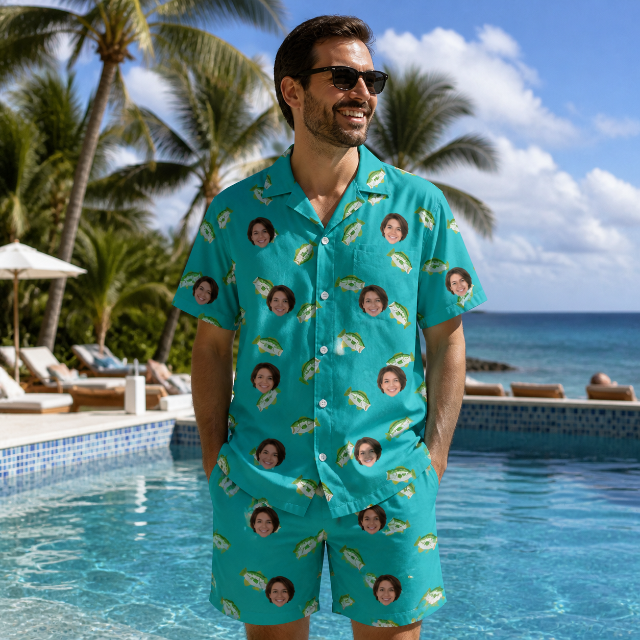 Real-life photo of someone wearing Men's Casting Call Custom Face Shirt & Shorts Set — custom faces printed all-over