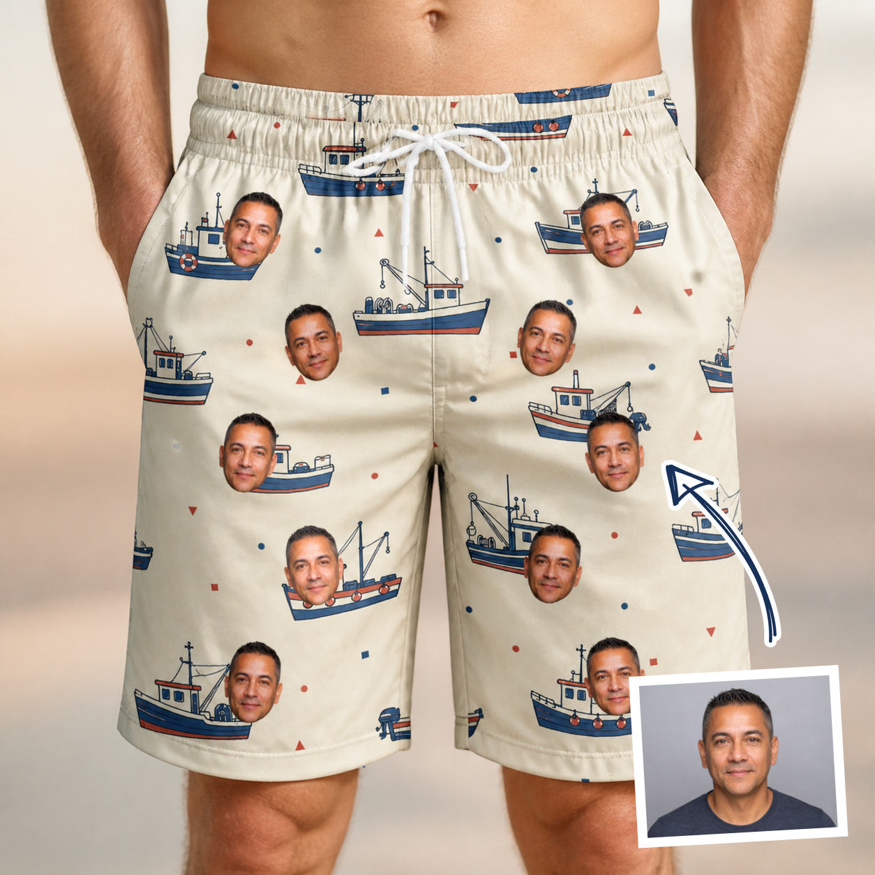 Man wearing Men's Mini Mariners Custom Face Beach Shorts — custom faces printed all-over
