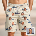 Man wearing Men's Mini Mariners Custom Face Beach Shorts — custom faces printed all-over