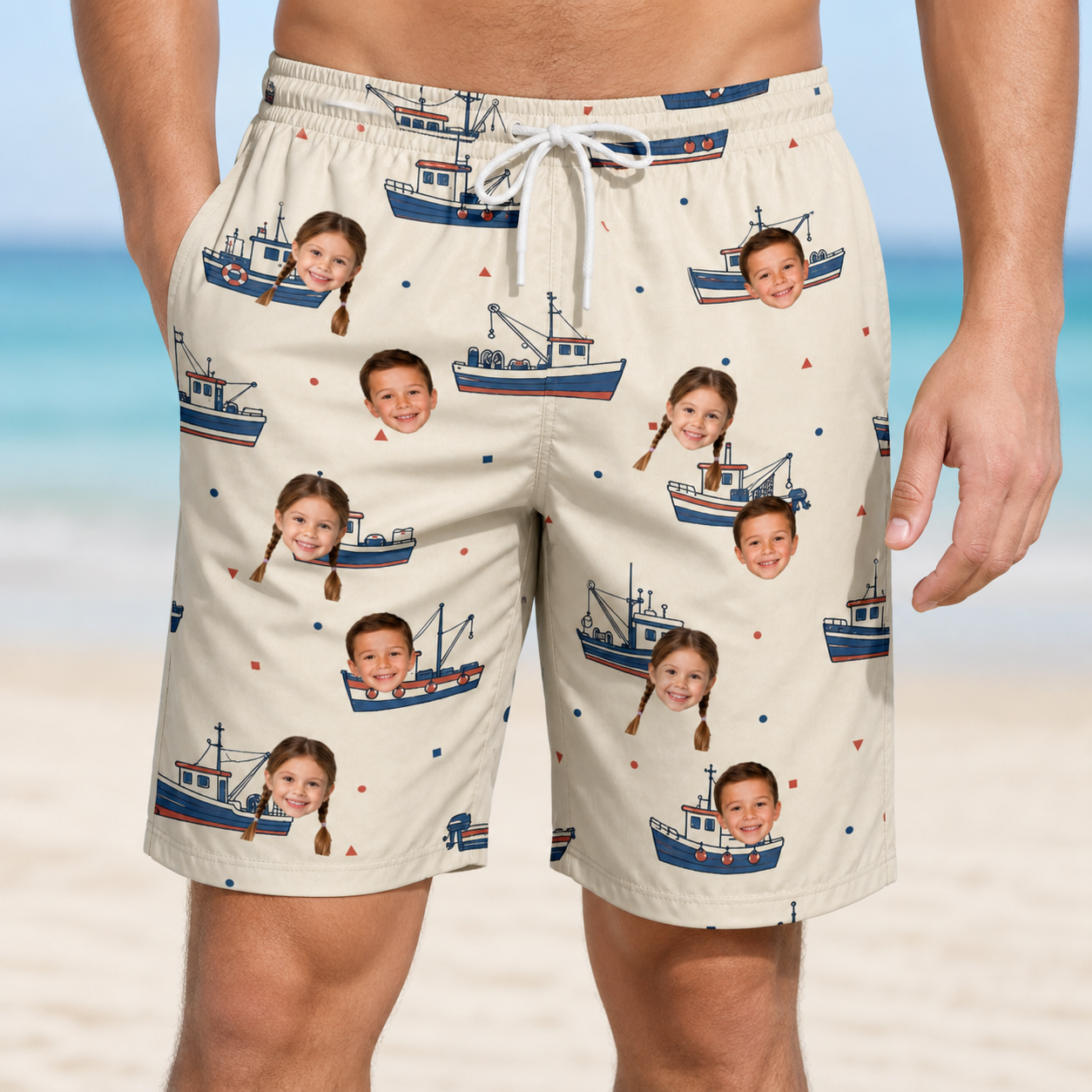 Model wearing Men's Mini Mariners Custom Face Beach Shorts printed with kids' faces