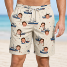 Model wearing Men's Mini Mariners Custom Face Beach Shorts printed with kids' faces
