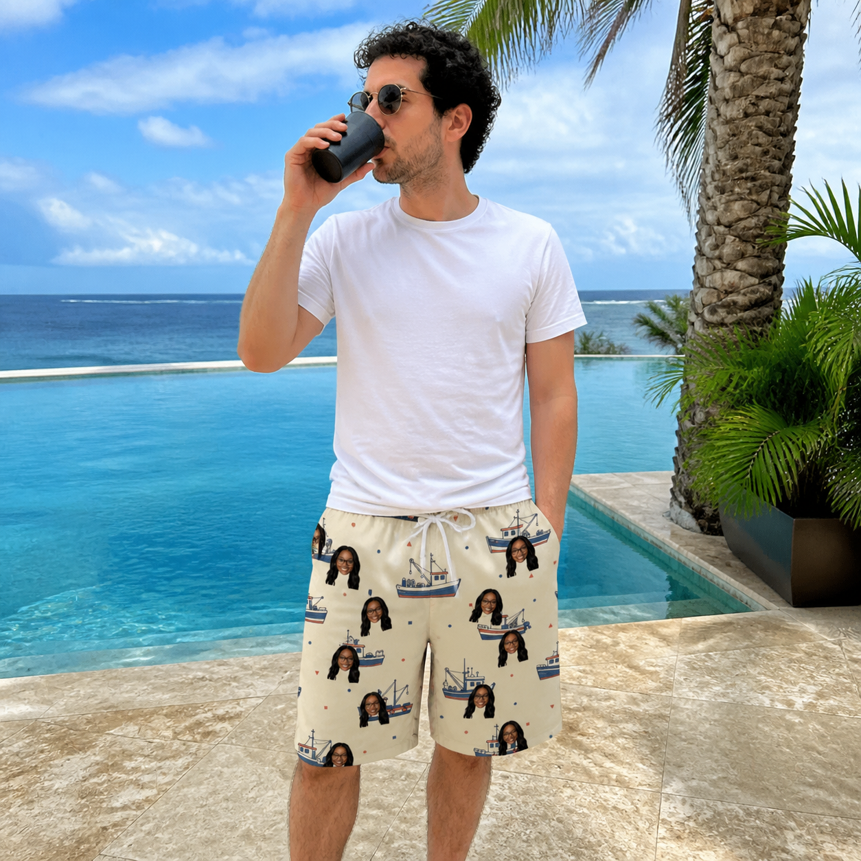 Real-life photo of someone wearing Men's Mini Mariners Custom Face Beach Shorts — custom faces printed all-over