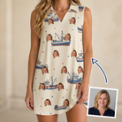 Woman wearing Women's Mini Mariners Custom Face V-Neck Dress — custom faces printed all-over
