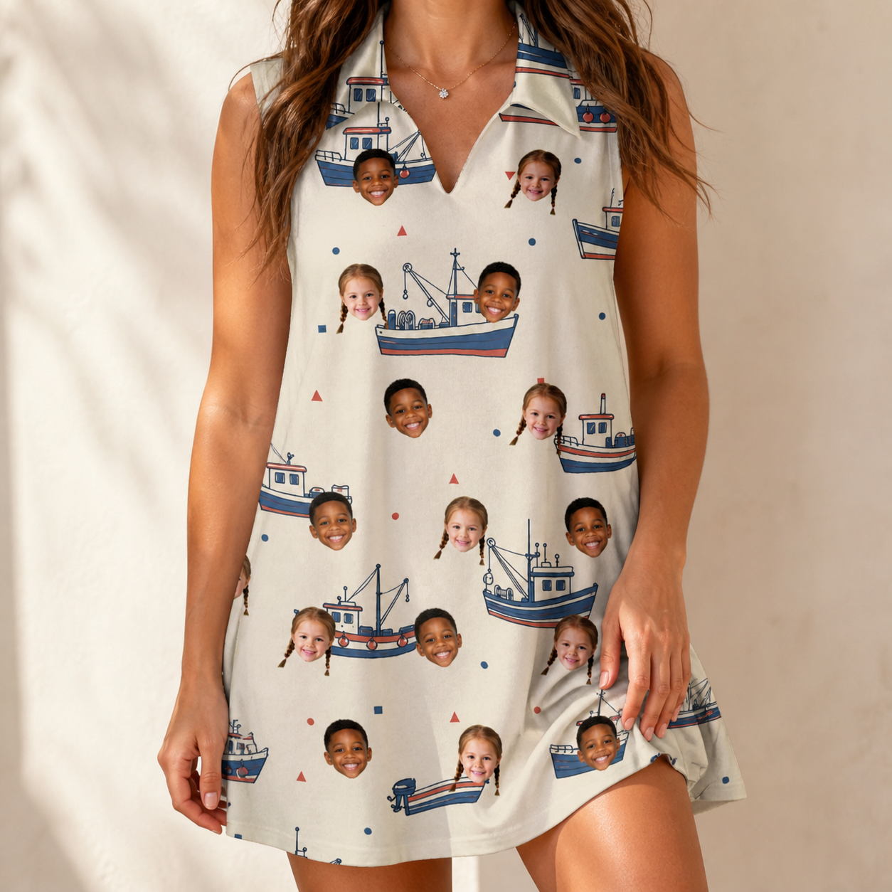 Model wearing Women's Mini Mariners Custom Face V-Neck Dress printed with kids' faces