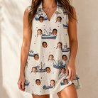 Model wearing Women's Mini Mariners Custom Face V-Neck Dress printed with kids' faces