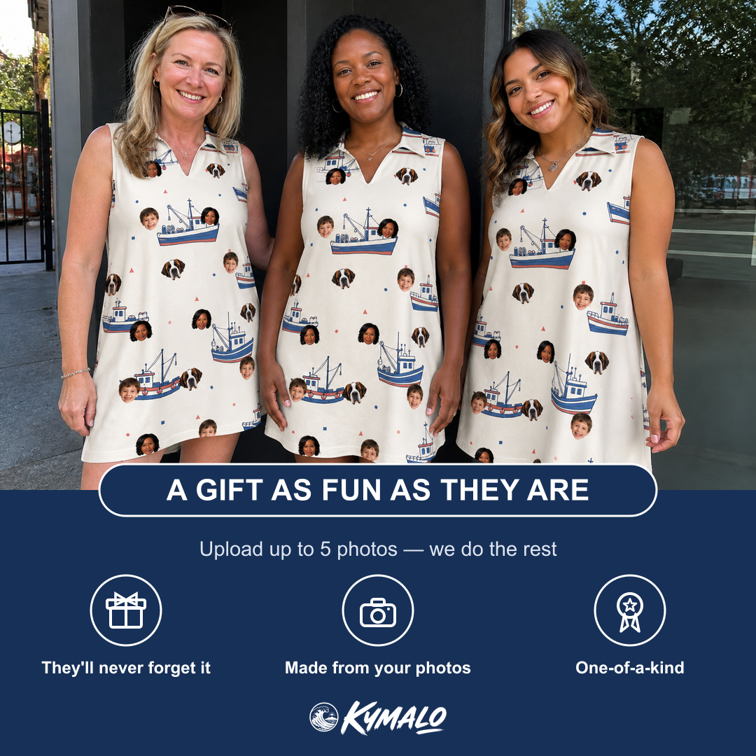 Friends in matching Women's Mini Mariners Custom Face V-Neck Dress — a group gift photo