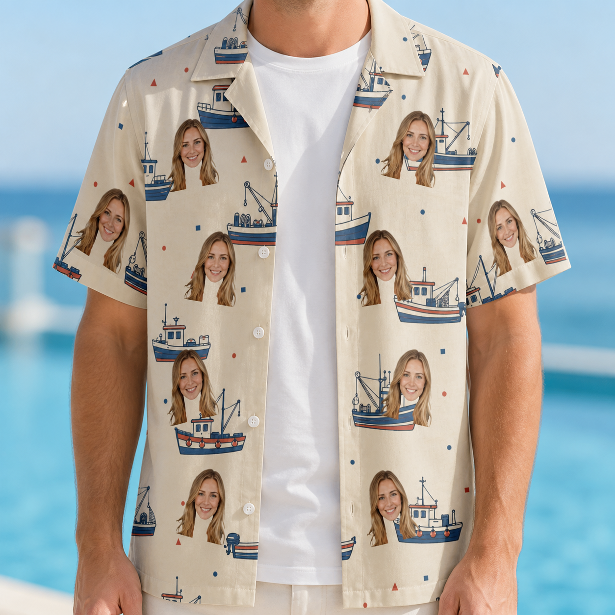 Man wearing Men's Mini Mariners Custom Face Hawaiian Shirt open over a white tee