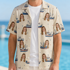 Man wearing Men's Mini Mariners Custom Face Hawaiian Shirt open over a white tee