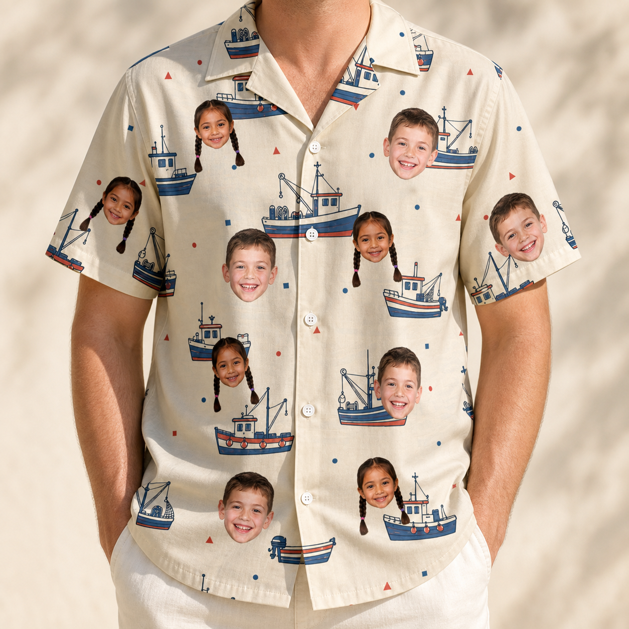 Model wearing Men's Mini Mariners Custom Face Hawaiian Shirt printed with kids' faces