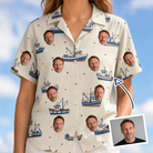 Woman wearing Women's Mini Mariners Custom Face Hawaiian Shirt — custom faces printed all-over