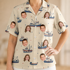 Model wearing Women's Mini Mariners Custom Face Hawaiian Shirt printed with kids' faces