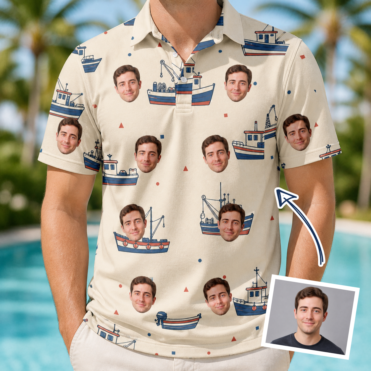 Man wearing Men's Mini Mariners Custom Face Polo Shirt — custom faces printed all-over