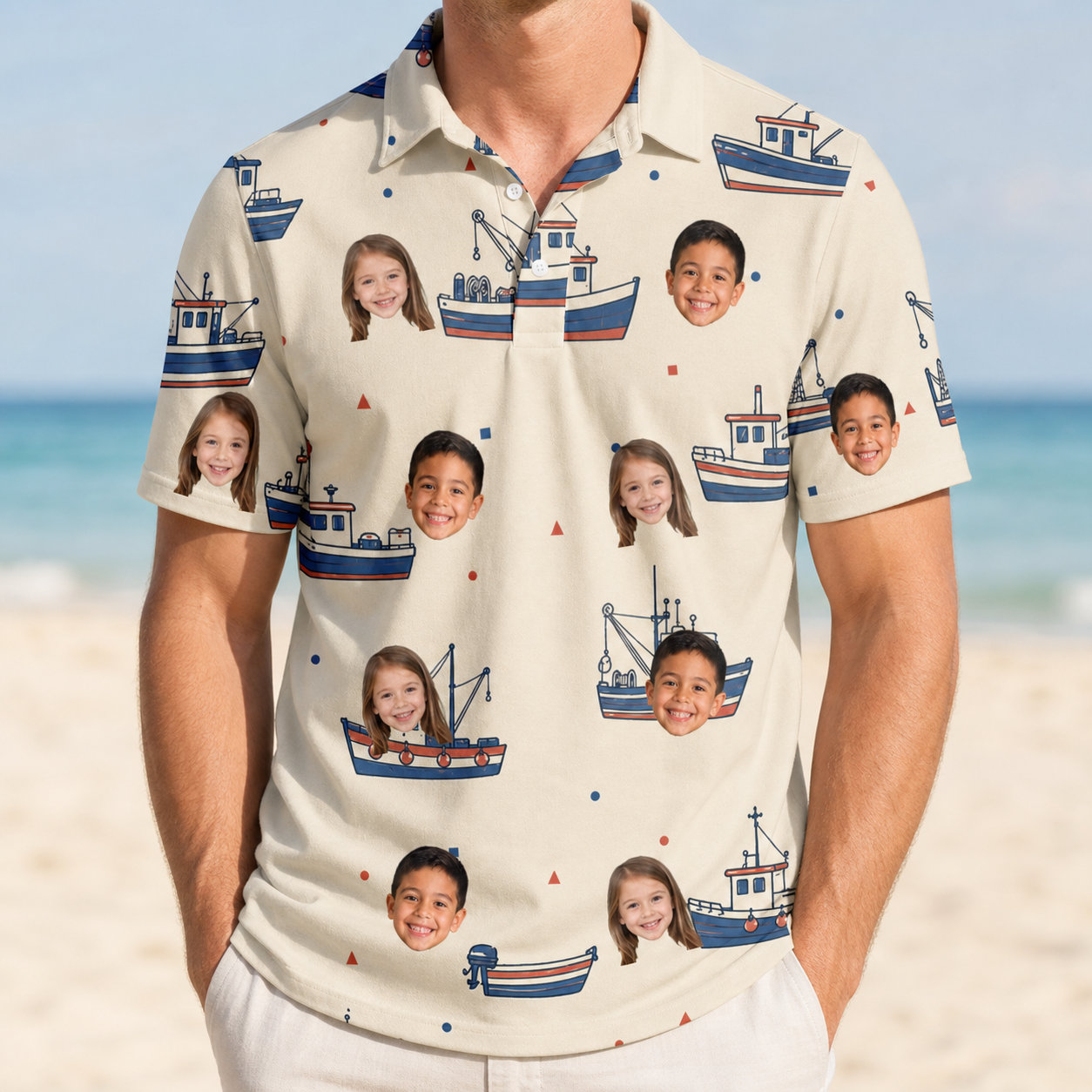 Model wearing Men's Mini Mariners Custom Face Polo Shirt printed with kids' faces
