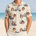 Model wearing Men's Mini Mariners Custom Face Polo Shirt printed with kids' faces