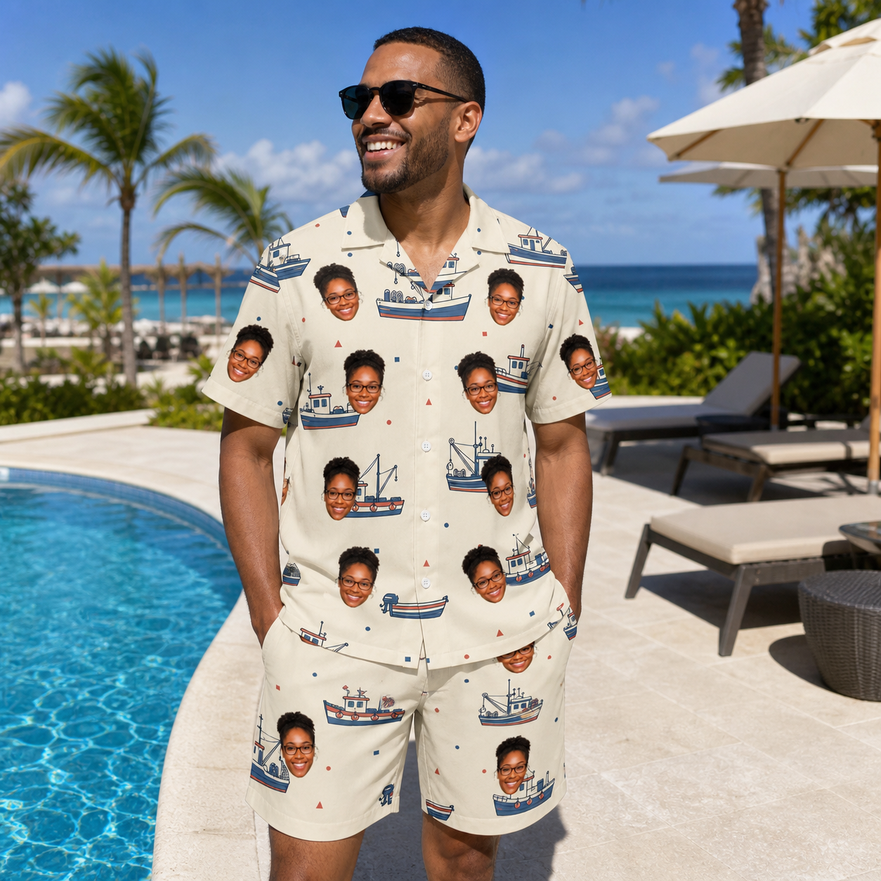 Real-life photo of someone wearing Men's Mini Mariners Custom Face Shirt & Shorts Set — custom faces printed all-over