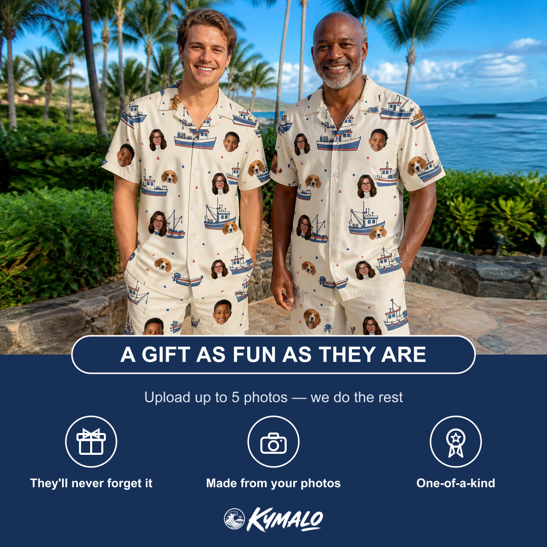 Friends in matching Men's Mini Mariners Custom Face Shirt & Shorts Set — a group gift photo
