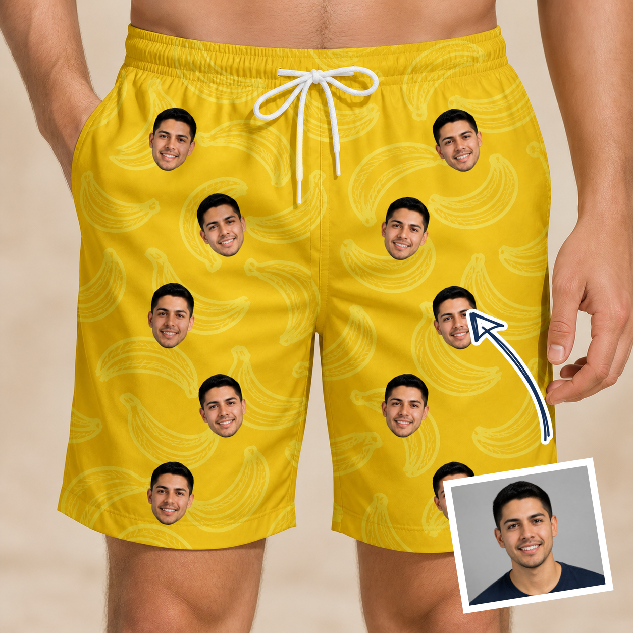 Man wearing Men's Cavendish Capers Custom Face Beach Shorts — custom faces printed all-over