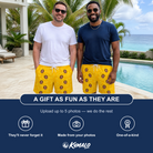 Friends in matching Men's Cavendish Capers Custom Face Beach Shorts — a group gift photo