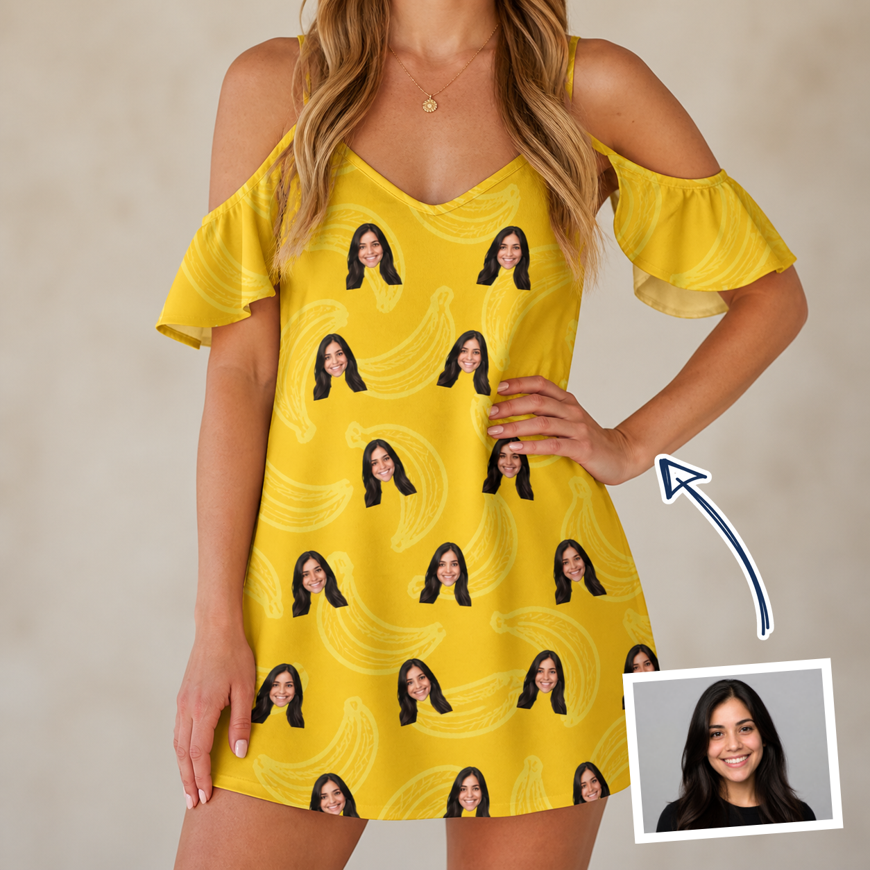 Woman wearing Women's Cavendish Capers Custom Face Off-Shoulder Dress — custom faces printed all-over
