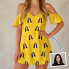 Woman wearing Women's Cavendish Capers Custom Face Off-Shoulder Dress — custom faces printed all-over