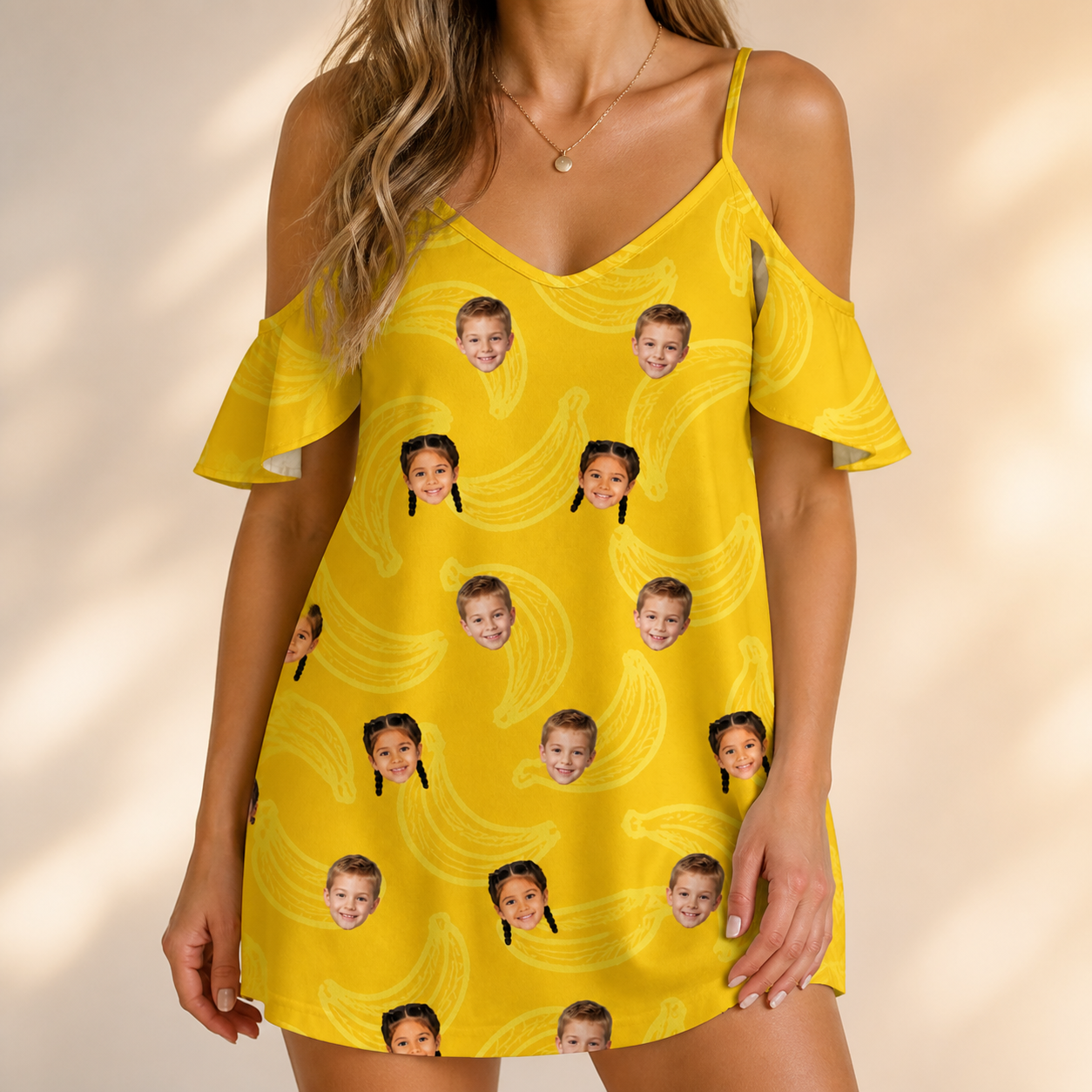 Model wearing Women's Cavendish Capers Custom Face Off-Shoulder Dress printed with kids' faces