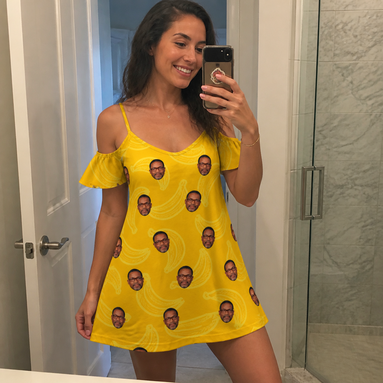 Real-life photo of someone wearing Women's Cavendish Capers Custom Face Off-Shoulder Dress — custom faces printed all-over