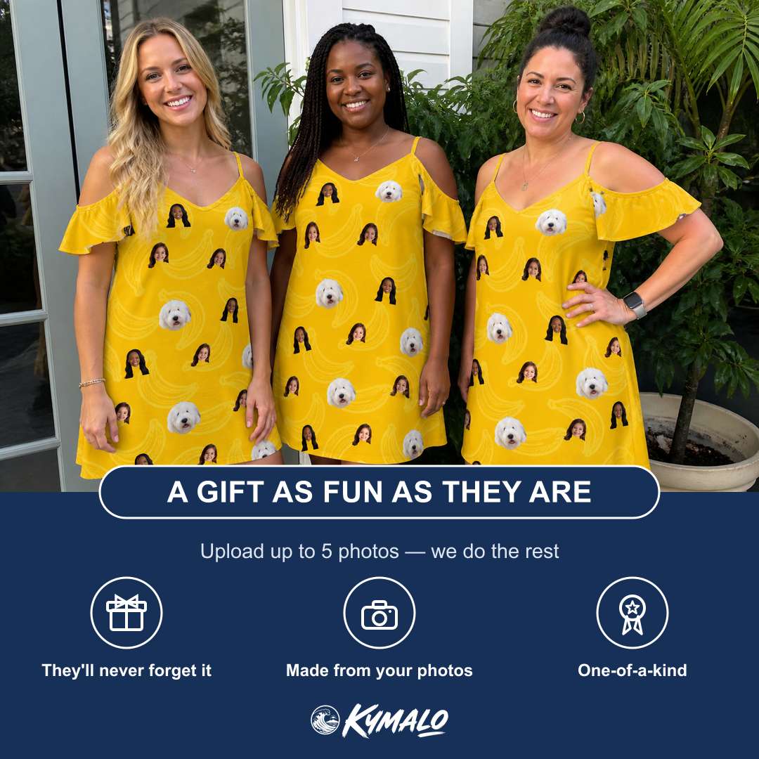 Friends in matching Women's Cavendish Capers Custom Face Off-Shoulder Dress — a group gift photo