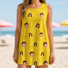 Model wearing Women's Cavendish Capers Custom Face Tank Dress printed with kids' faces