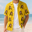 Man wearing Men's Cavendish Capers Custom Face Hawaiian Shirt open over a white tee
