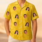 Model wearing Men's Cavendish Capers Custom Face Hawaiian Shirt printed with kids' faces
