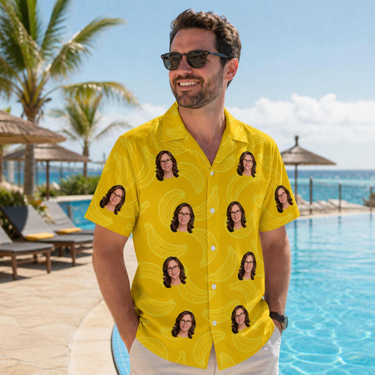 Real-life photo of someone wearing Men's Cavendish Capers Custom Face Hawaiian Shirt — custom faces printed all-over