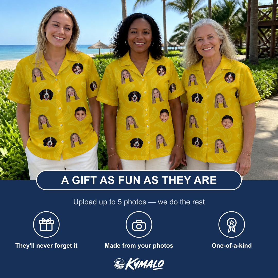 Friends in matching Women's Cavendish Capers Custom Face Hawaiian Shirt — a group gift photo
