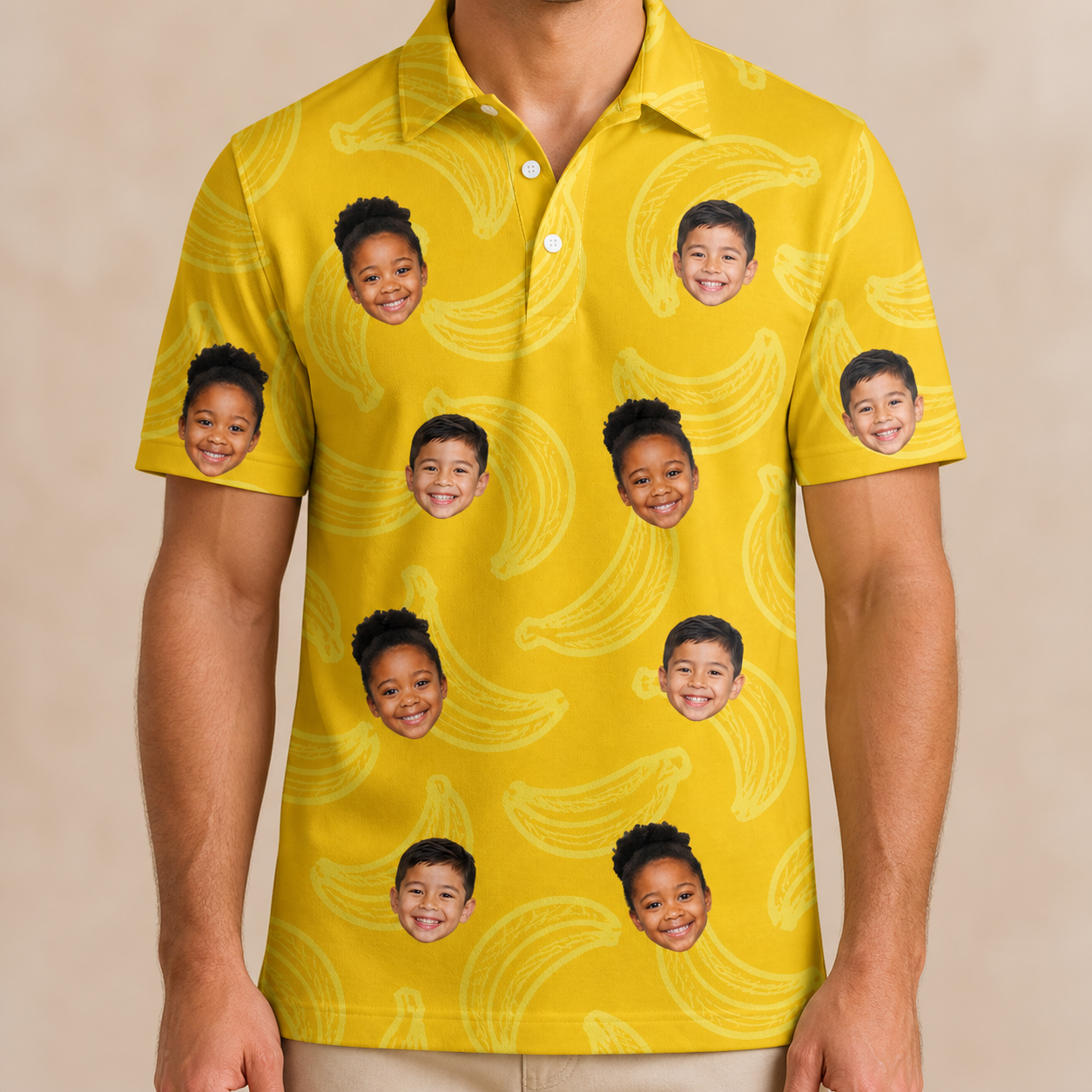 Model wearing Men's Cavendish Capers Custom Face Polo Shirt printed with kids' faces
