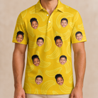 Model wearing Men's Cavendish Capers Custom Face Polo Shirt printed with kids' faces