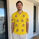 Real-life photo of someone wearing Men's Cavendish Capers Custom Face Polo Shirt — custom faces printed all-over