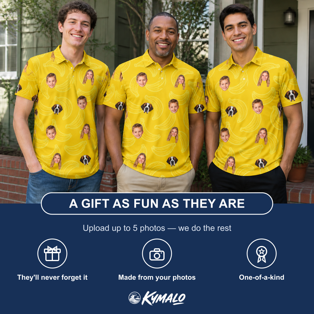 Friends in matching Men's Cavendish Capers Custom Face Polo Shirt — a group gift photo