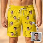Man wearing Men's Yellow Yodel Custom Face Beach Shorts — custom faces printed all-over