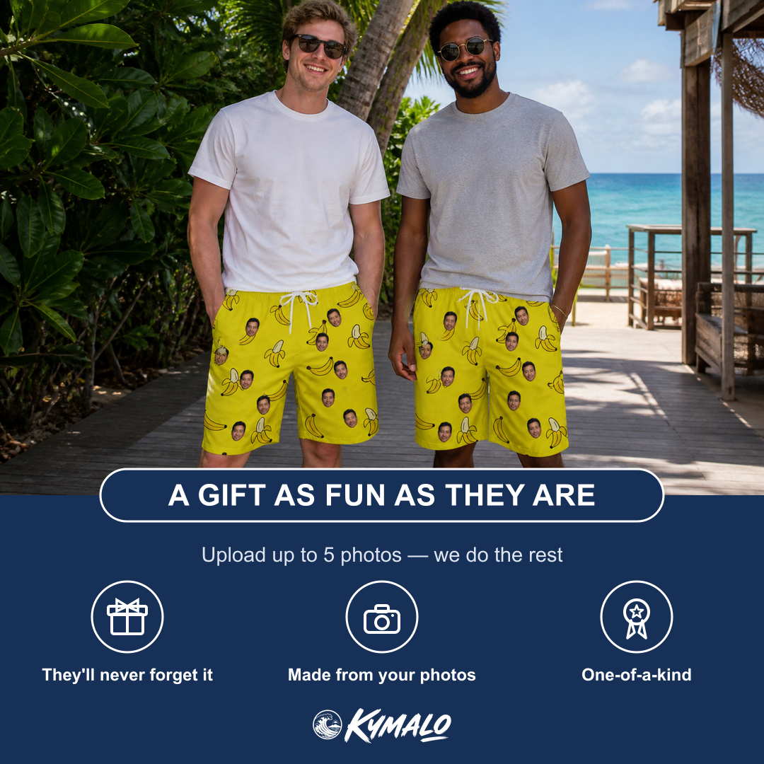 Friends in matching Men's Yellow Yodel Custom Face Beach Shorts — a group gift photo